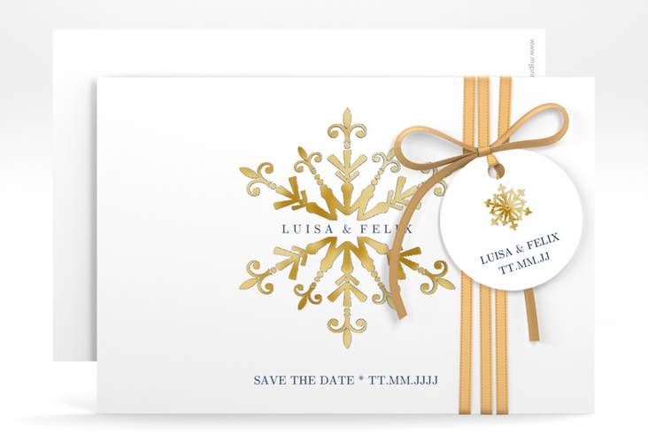 Save the Date-KarteCrystal A6 Karte quer weiss gold mit Eiskristall