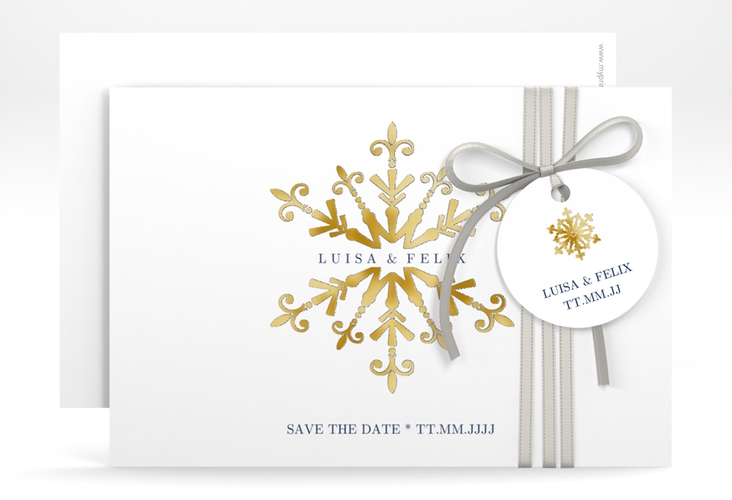 Save the Date-KarteCrystal A6 Karte quer weiss gold mit Eiskristall