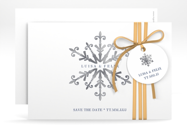 Save the Date-KarteCrystal A6 Karte quer weiss silber mit Eiskristall