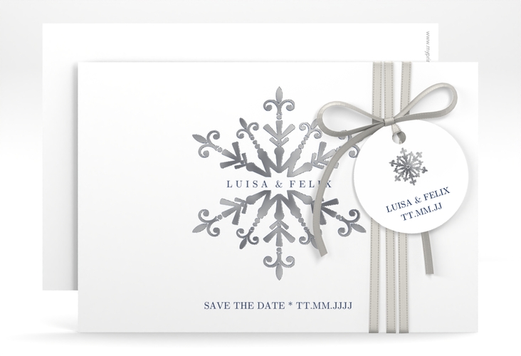 Save the Date-KarteCrystal A6 Karte quer weiss silber mit Eiskristall
