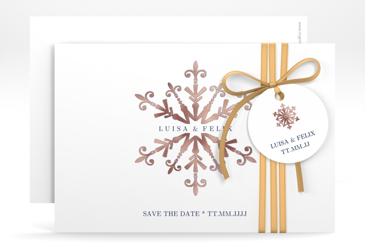 Save the Date-KarteCrystal A6 Karte quer weiss rosegold mit Eiskristall