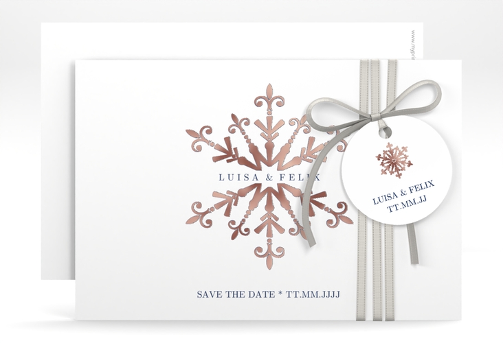 Save the Date-KarteCrystal A6 Karte quer weiss rosegold mit Eiskristall