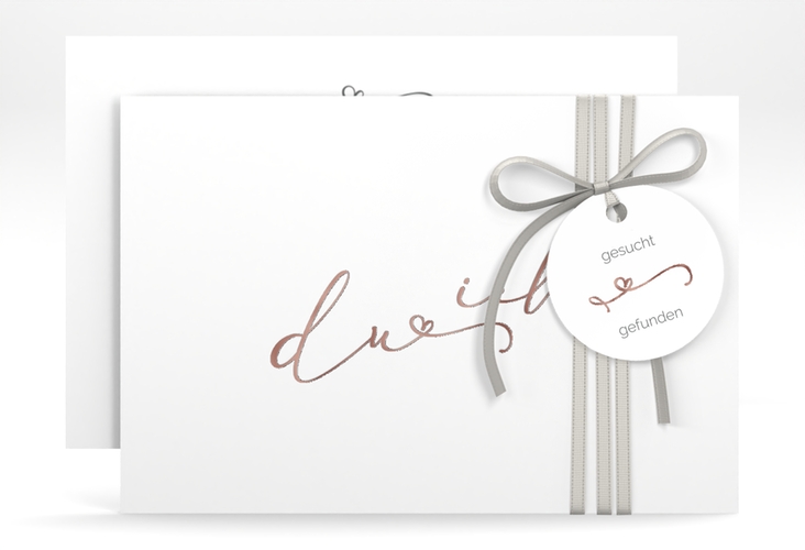 Save the Date-Karte Zweisamkeit A6 Karte quer weiss rosegold im minimalistischen Stil mit Aufschrift du & ich