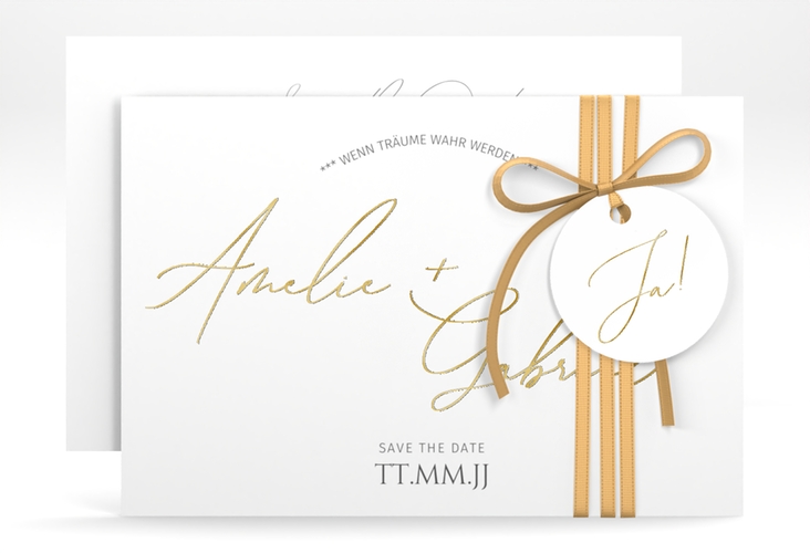 Save the Date-Karte Federschrift A6 Karte quer weiss gold in schlichtem Design mit Kalligrafie
