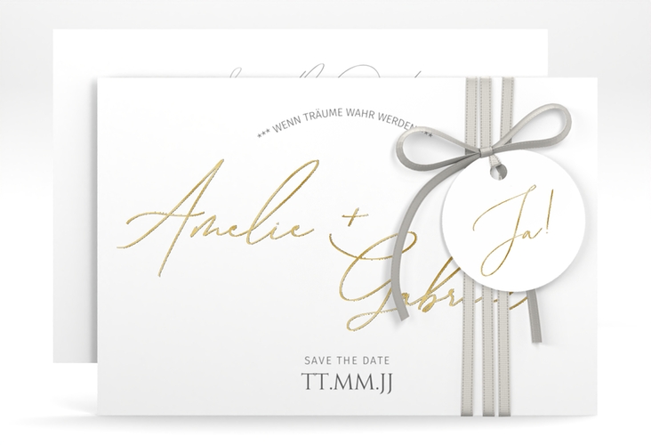 Save the Date-Karte Federschrift A6 Karte quer weiss gold in schlichtem Design mit Kalligrafie