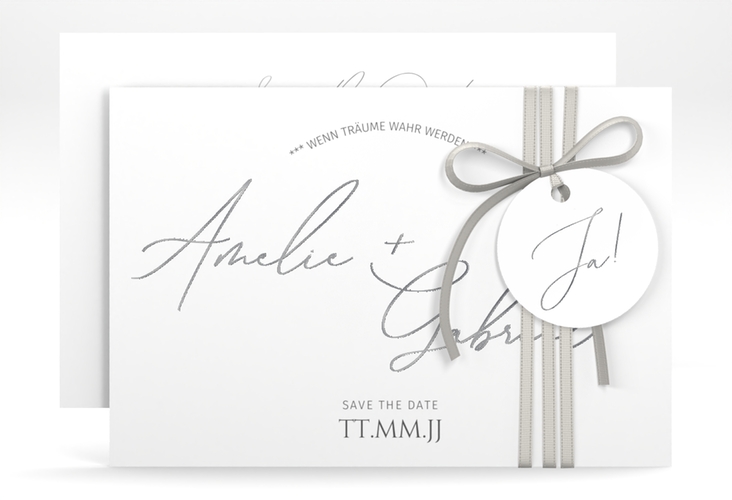 Save the Date-Karte Federschrift A6 Karte quer weiss silber in schlichtem Design mit Kalligrafie