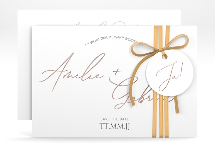 Save the Date-Karte Federschrift A6 Karte quer weiss rosegold in schlichtem Design mit Kalligrafie
