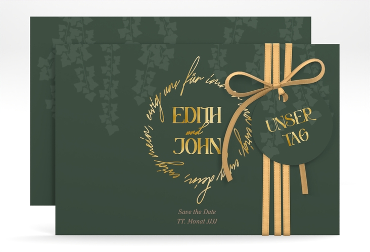 Save the Date-Karte Efeugrün A6 Karte quer gruen gold im Fantasy-Elfen-Design mit Efeu