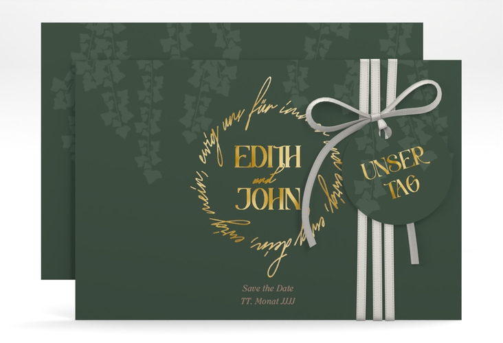 Save the Date-Karte Efeugrün A6 Karte quer gruen gold im Fantasy-Elfen-Design mit Efeu