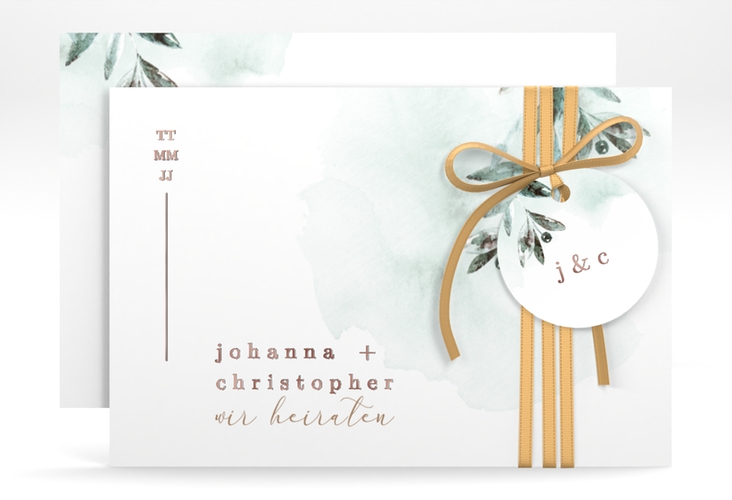 Save the Date-Karte Mediterran A6 Karte quer gruen rosegold mit Lorbeerzweig in Aquarell