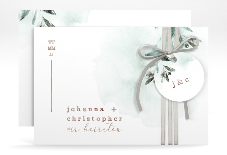Save the Date-Karte Mediterran A6 Karte quer gruen rosegold mit Lorbeerzweig in Aquarell