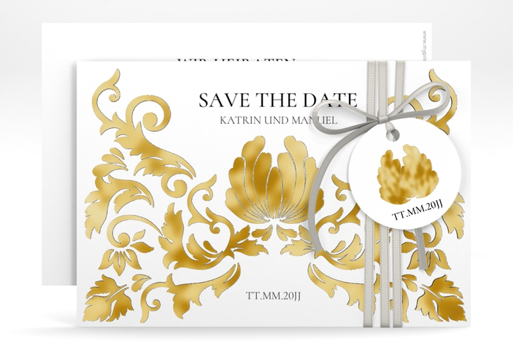 Save the Date-Karte Royal A6 Karte quer weiss gold mit barockem Blumen-Ornament