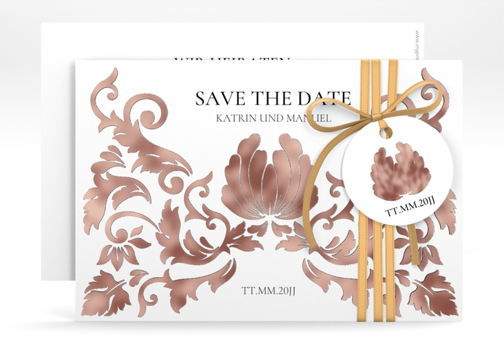 Save the Date-Karte Royal A6 Karte quer weiss rosegold mit barockem Blumen-Ornament