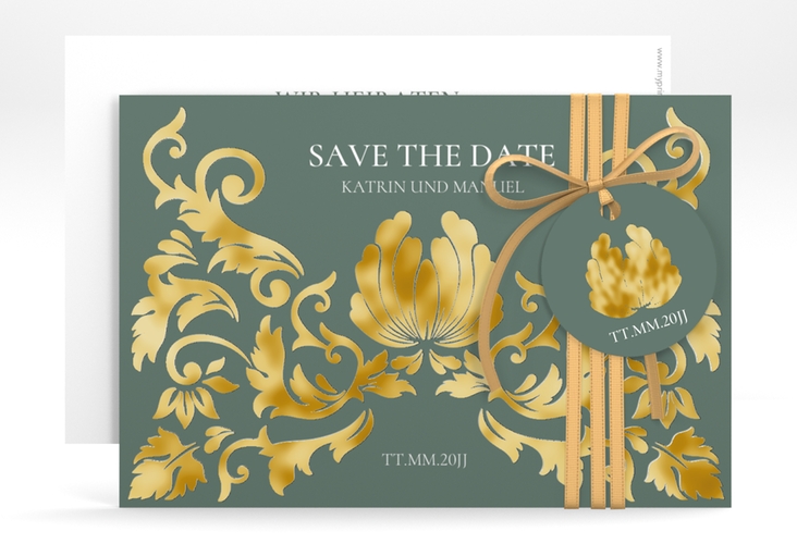 Save the Date-Karte Royal A6 Karte quer gruen gold mit barockem Blumen-Ornament