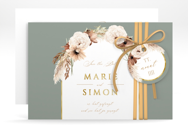 Save the Date-Karte Blumenbogen A6 Karte quer gruen gold