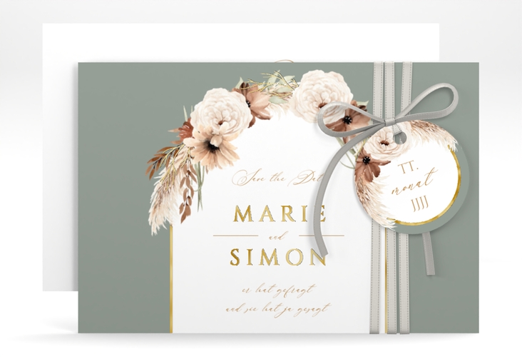 Save the Date-Karte Blumenbogen A6 Karte quer gruen gold