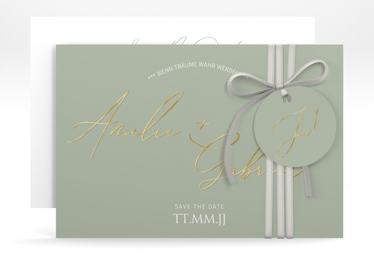 Save the Date-Karte Federschrift A6 Karte quer gruen gold in schlichtem Design mit Kalligrafie
