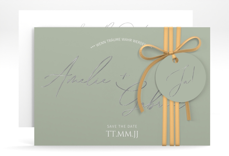 Save the Date-Karte Federschrift A6 Karte quer gruen silber in schlichtem Design mit Kalligrafie