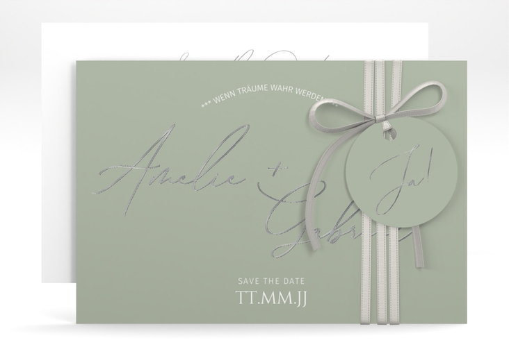 Save the Date-Karte Federschrift A6 Karte quer gruen silber in schlichtem Design mit Kalligrafie