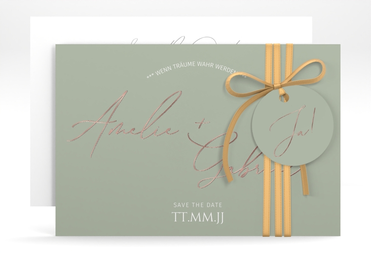 Save the Date-Karte Federschrift A6 Karte quer gruen rosegold in schlichtem Design mit Kalligrafie