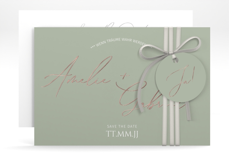 Save the Date-Karte Federschrift A6 Karte quer gruen rosegold in schlichtem Design mit Kalligrafie