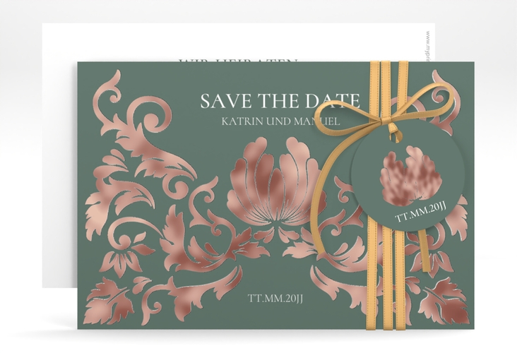 Save the Date-Karte Royal A6 Karte quer gruen rosegold mit barockem Blumen-Ornament