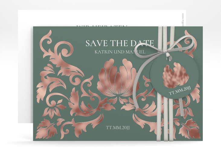 Save the Date-Karte Royal A6 Karte quer gruen rosegold mit barockem Blumen-Ornament