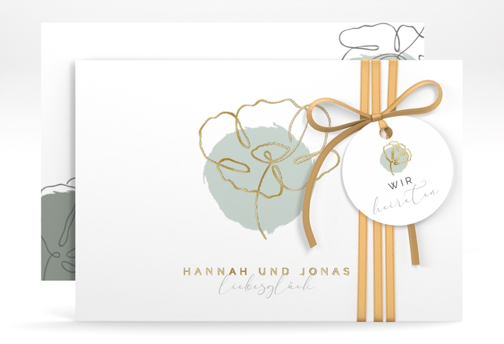 Save the Date-Karte Flowerline A6 Karte quer gruen gold