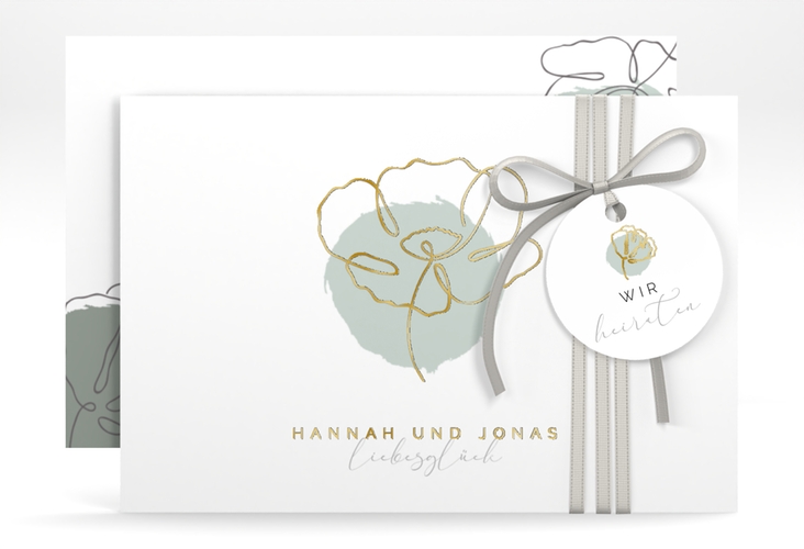 Save the Date-Karte Flowerline A6 Karte quer gruen gold