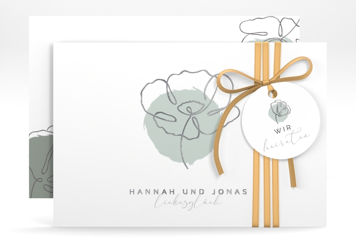 Save the Date-Karte Flowerline A6 Karte quer gruen silber