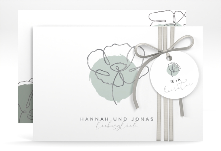 Save the Date-Karte Flowerline A6 Karte quer gruen silber