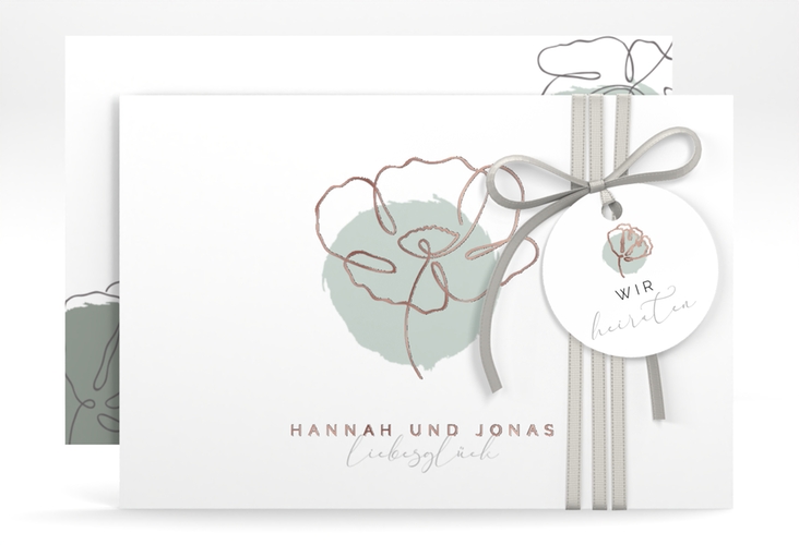 Save the Date-Karte Flowerline A6 Karte quer gruen rosegold