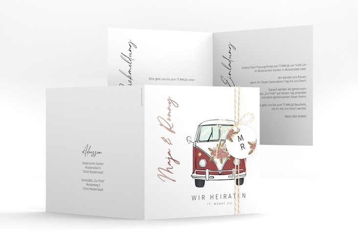 Hochzeitseinladung Hochzeitsbulli quadr. Klappkarte rot rosegold