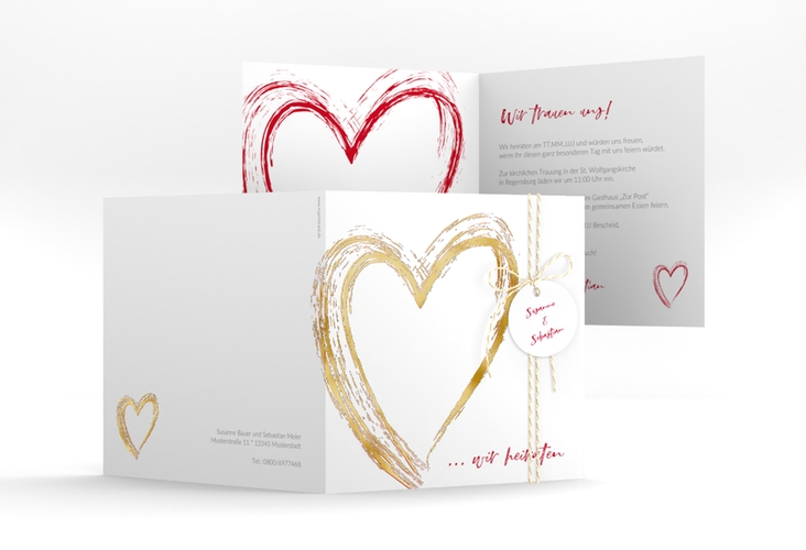Hochzeitseinladung Liebe quadr. Klappkarte rot gold