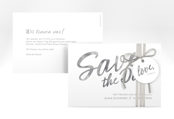 Save the Date-Karte Glam A6 Karte quer weiss silber