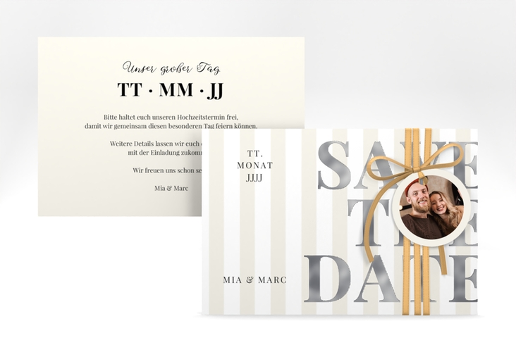 Save the Date-Karte Streifen A6 Karte quer beige silber