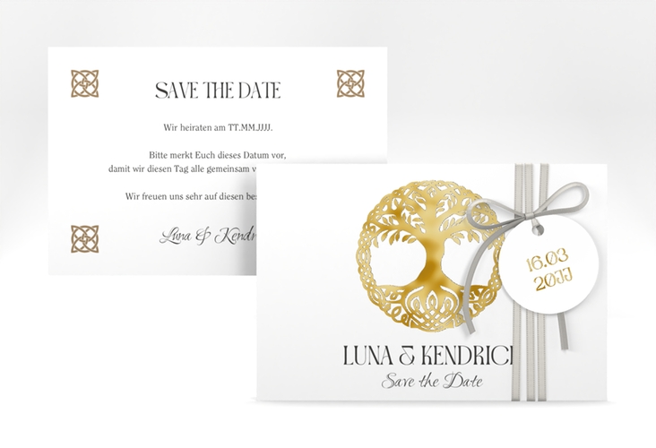 Save the Date-Karte Lebensbaum A6 Karte quer weiss gold im Stil der Kelten und Wikinger