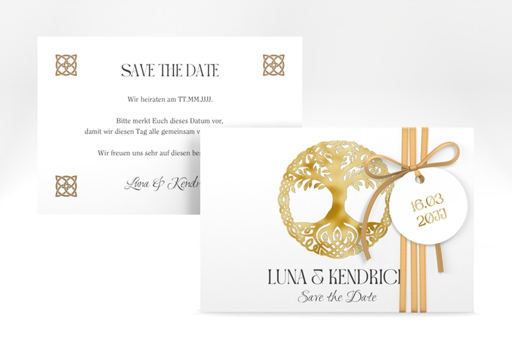 Save the Date-Karte Lebensbaum A6 Karte quer weiss gold im Stil der Kelten und Wikinger