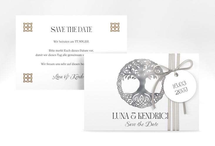 Save the Date-Karte Lebensbaum A6 Karte quer weiss silber im Stil der Kelten und Wikinger