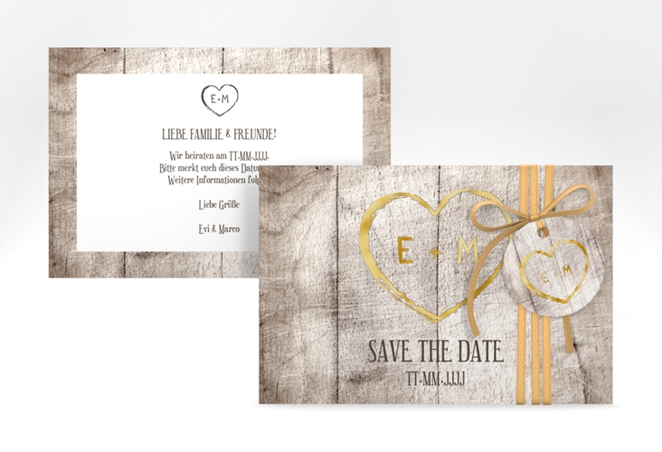 Save the Date-Karte Wood A6 Karte quer weiss gold in Holz-Optik mit Herz und Initialen