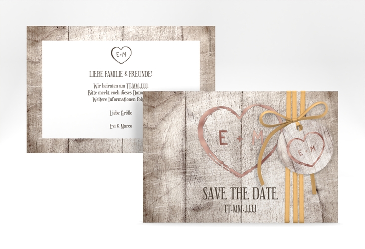 Save the Date-Karte Wood A6 Karte quer weiss rosegold in Holz-Optik mit Herz und Initialen