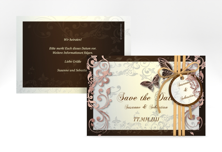 Save the Date-Karte Hochzeit Toulouse A6 Karte quer braun rosegold romantisch mit Schmetterlingen