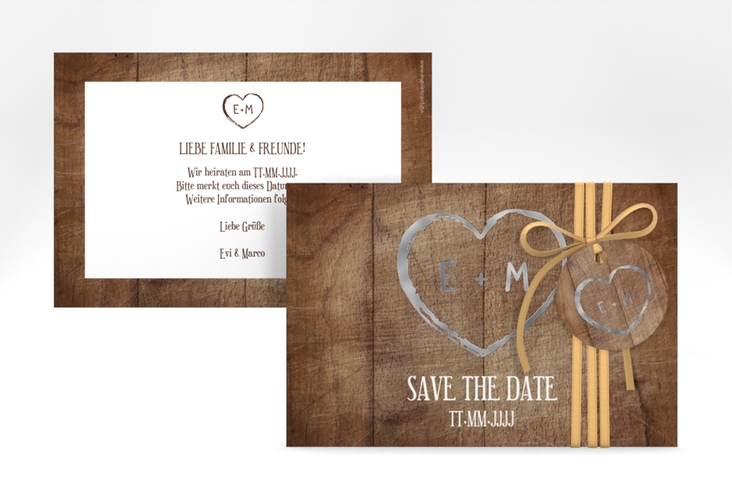 Save the Date-Karte Wood A6 Karte quer braun silber in Holz-Optik mit Herz und Initialen