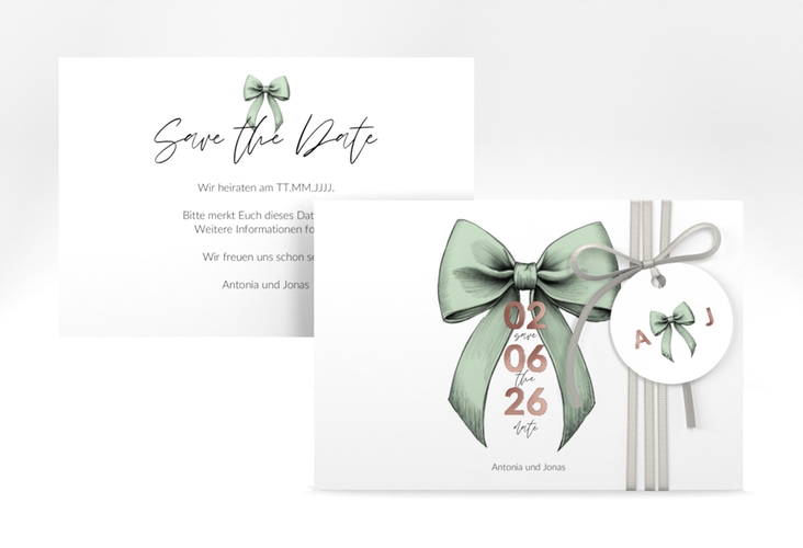 Save the Date-Karte Schleife A6 Karte quer gruen rosegold
