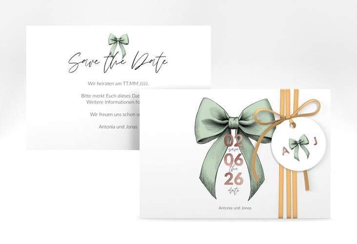 Save the Date-Karte Schleife A6 Karte quer gruen rosegold