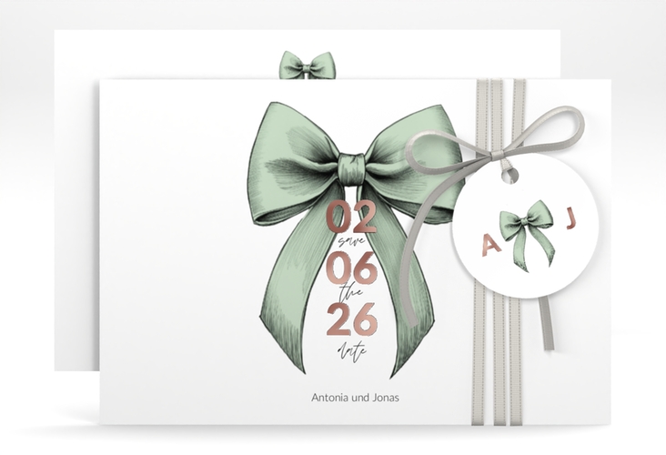 Save the Date-Karte Schleife A6 Karte quer gruen rosegold