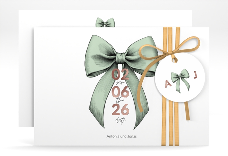 Save the Date-Karte Schleife A6 Karte quer gruen rosegold