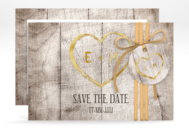 Save the Date-Karte Wood A6 Karte quer weiss gold in Holz-Optik mit Herz und Initialen