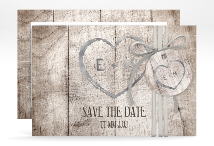 Save the Date-Karte Wood A6 Karte quer weiss silber in Holz-Optik mit Herz und Initialen