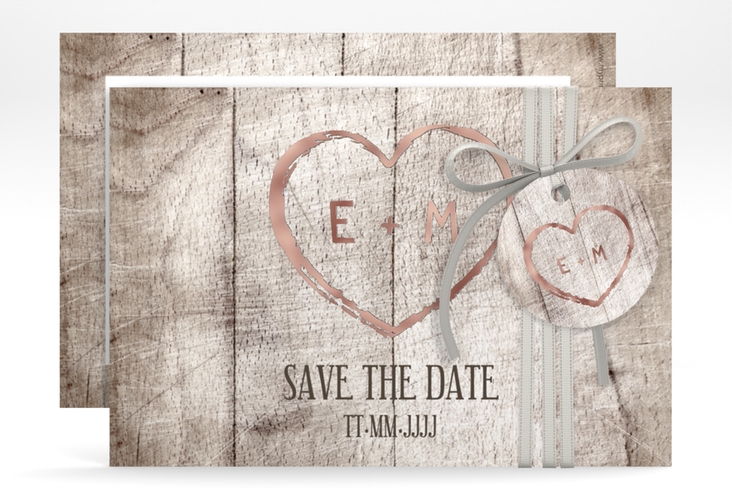 Save the Date-Karte Wood A6 Karte quer weiss rosegold in Holz-Optik mit Herz und Initialen